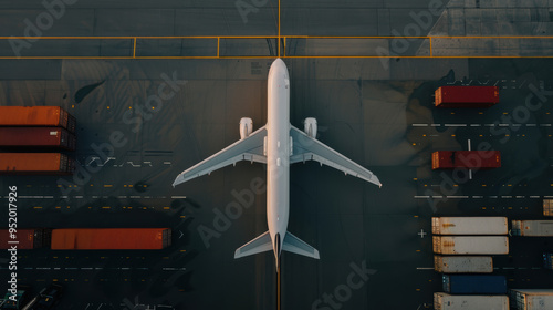 An aerial view of a cargo plane taking off from an airport runway.