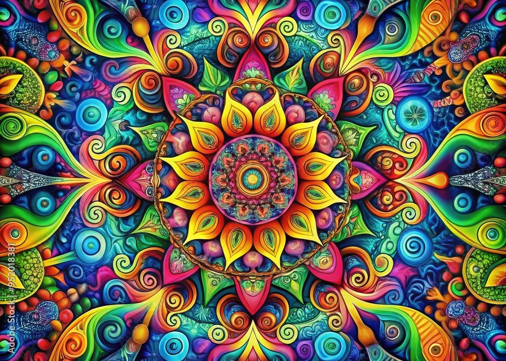 vibrant psychedelic art of lines and diy icons swirling together in a kaleidoscope of colors representing freedom and self-expression