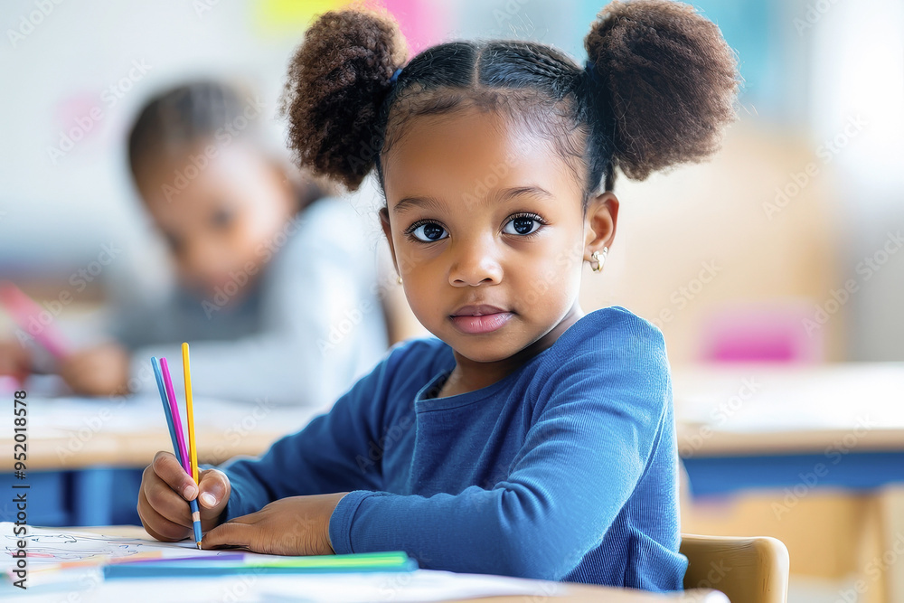Joven niña afroamericana sentada en la mesa de un aula