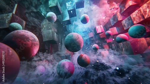 A vibrant composition with layered spheres and cubes, dynamically arranged to give the illusion of floating in space, set against a dark, textured backdrop. 8k UHD, suitable for high-quality  photo