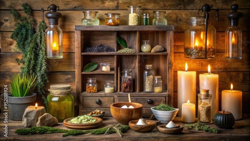 Rustic apothecary display of gua sha stones and herbal remedies in a distressed wood cabinet with warm candlelight