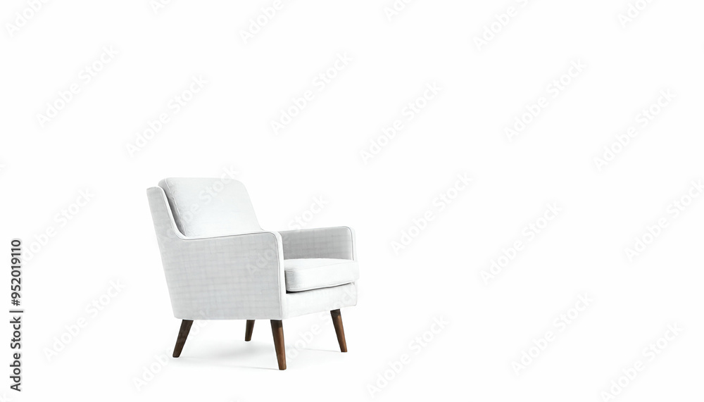 A modern, minimalist white armchair with wooden legs against a plain white background