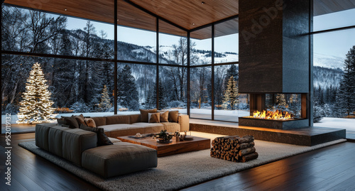 Lujoso salón de una casa de montaña, decorado con una hermosa chimenea abierta, mesa central, alfombra, leña, gran sofá, árbol de navidad y ventanales con vistas a un bosque nevado  photo