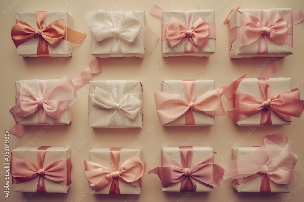 Neatly wrapped gifts with pink and white ribbons are arranged in an orderly fashion, evoking a sense of celebration and joyous anticipation. Neatly wrapped gifts with pink and white ribbons are arranged in an orderly fashion, evoking a sense of celebration and joyous anticipation.