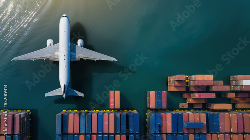 A cargo plane flying over an industrial port with stacks of freight containers below, illustrating the integration of air and sea freight in global trade.