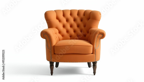 An orange tufted armchair with wooden legs and nailhead trim photo