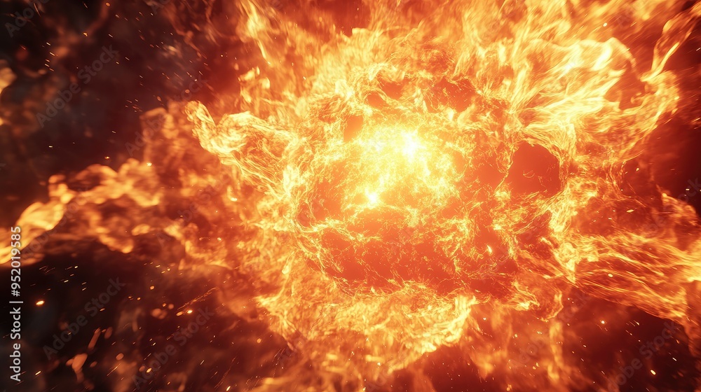 A close-up of a fireball erupting from an explosion, with vivid flames and a bright, glowing core, emphasizing the heat and force of the blast.