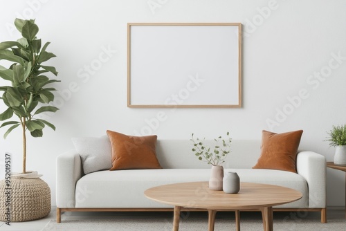 Modern Cozy Living Room with Frame Mockup Above Velvet Sofa and Wooden Coffee Table