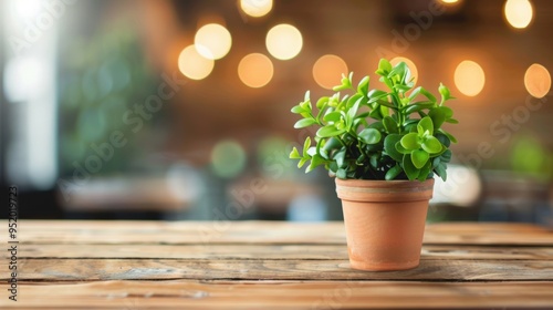 A potted green plant placed on a rustic wooden table, with a warm, blurred bokeh background, creating a cozy atmosphere.