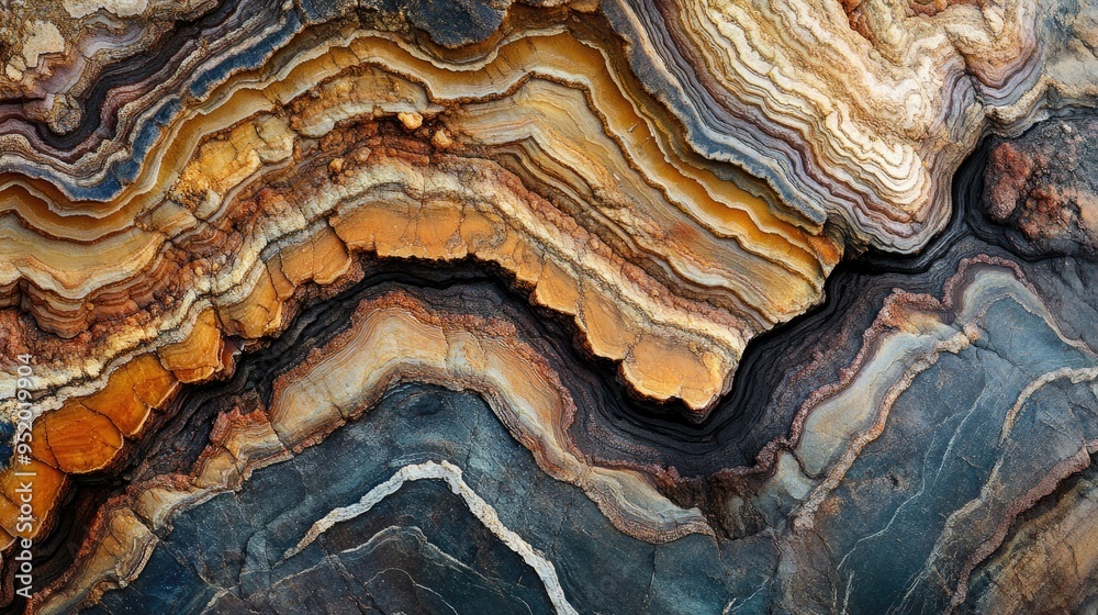 A close-up of a geological rock sample showing layered textures and minerals, with detailed patterns revealing the Earth's crust structure.