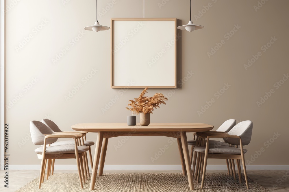 Serene Dining Room Interior with Frame Mockup and Soft Pastel Tones Serene Dining Room Interior with Frame Mockup and Soft Pastel Tones