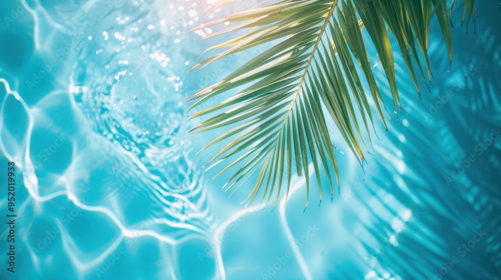A palm leaf casting a shadow over the clear blue water of a swimming pool, creating a tropical and relaxing summer vibe. A palm leaf casting a shadow over the clear blue water of a swimming pool, creating a tropical and relaxing summer vibe.