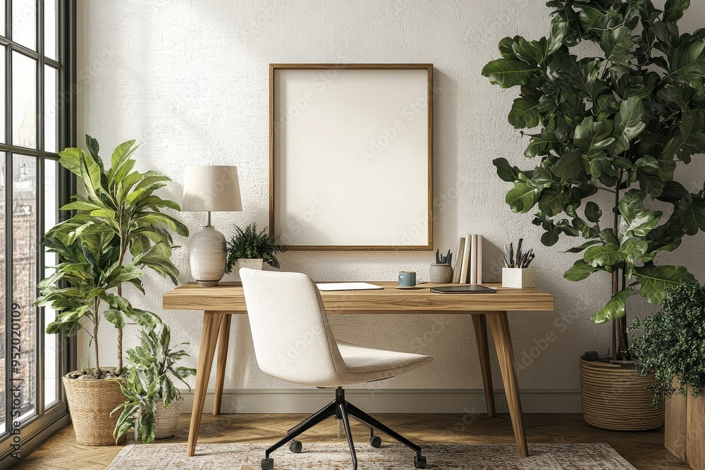 Fototapeta premium Comfortable and Cozy Home Office Interior with Frame Mockup, Wooden Desk, Office Chair, Plants, and Rug
