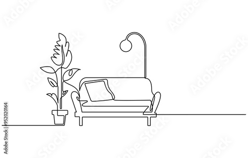 Continuous one line drawing of couch or sofa with lamp and potted plant. Modern furniture simple linear style vector 