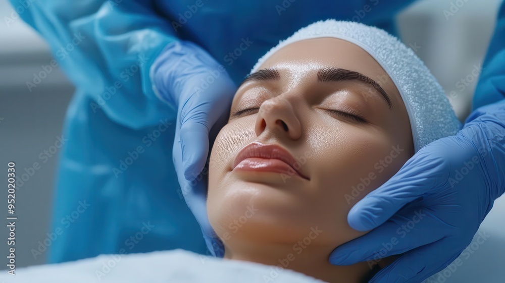 Close-up of a patient receiving a nonsurgical facelift treatment, with a professional applying a high-tech device to the face, serene and clinical setting Close-up of a patient receiving a nonsurgical facelift treatment, with a professional applying a high-tech device to the face, serene and clinical setting
