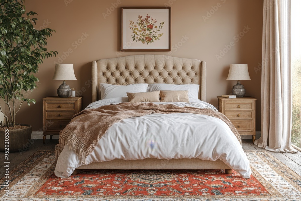 Obraz premium Modern Cozy Bedroom Interior with Frame Mockup, Tufted Headboard, and Neutral Decor