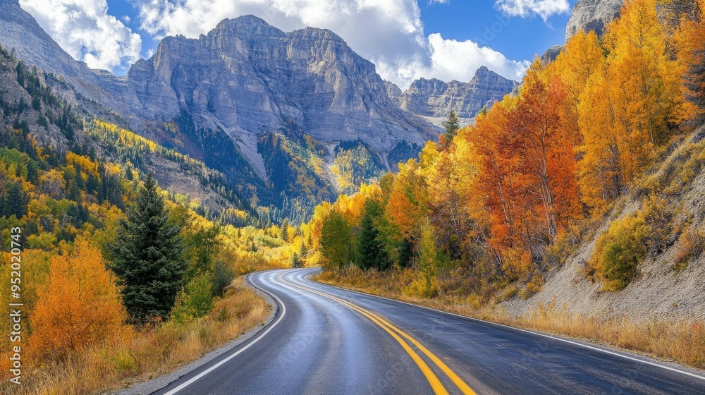 A close-up of a mountain road with colorful fall foliage, curves, and a backdrop of towering peaks, showcasing the vibrant colors and beauty of a seasonal drive. A close-up of a mountain road with colorful fall foliage, curves, and a backdrop of towering peaks, showcasing the vibrant colors and beauty of a seasonal drive.