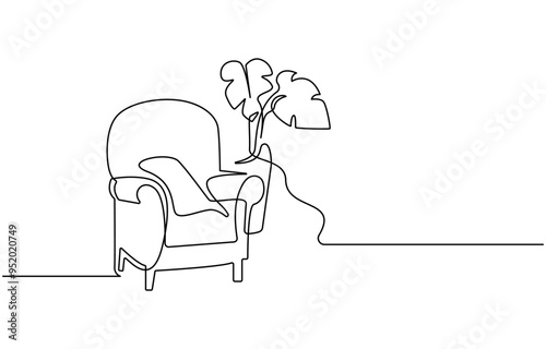 Continuous one line drawing of couch or sofa with lamp and potted plant. Modern furniture simple linear style vector 