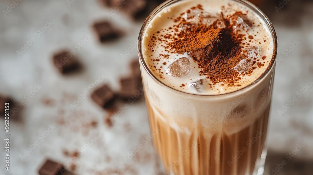 A close-up of a refreshing iced coffee with a layer of frothy milk and a garnish of cocoa powder, served in a tall glass with ice cubes. A close-up of a refreshing iced coffee with a layer of frothy milk and a garnish of cocoa powder, served in a tall glass with ice cubes.