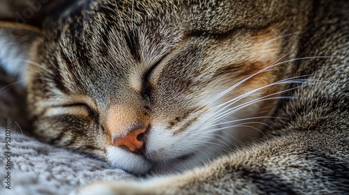A close-up of a rotund cat's face as it sleeps peacefully, its whiskers twitching slightly, 