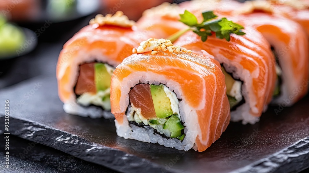 A close-up of a salmon sushi roll with vibrant pink salmon, avocado, and cucumber, showcasing the freshness and precision of sushi presentation. A close-up of a salmon sushi roll with vibrant pink salmon, avocado, and cucumber, showcasing the freshness and precision of sushi presentation.