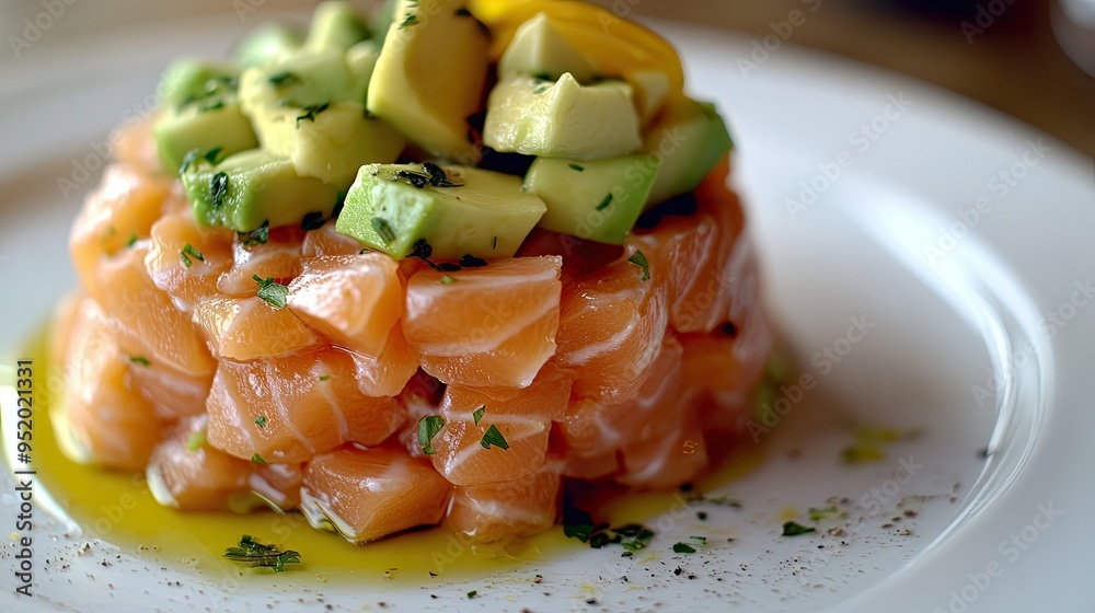 A close-up of a salmon tartare with finely diced raw salmon, avocado, and a drizzle of olive oil, highlighting the freshness and presentation of this dish. - A close-up of a salmon tartare with finely diced raw salmon, avocado, and a drizzle of olive oil, highlighting the freshness and presentation of this dish. -