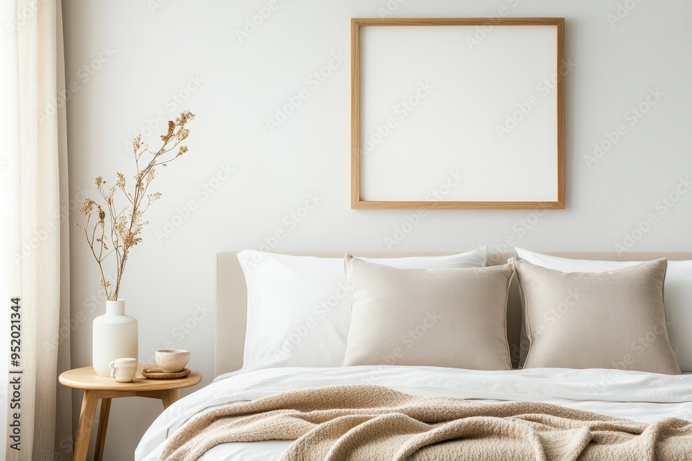 Modern Cozy Studio Apartment with Frame Mockup Above Sofa Bed and Soft Neutral Bedding Modern Cozy Studio Apartment with Frame Mockup Above Sofa Bed and Soft Neutral Bedding