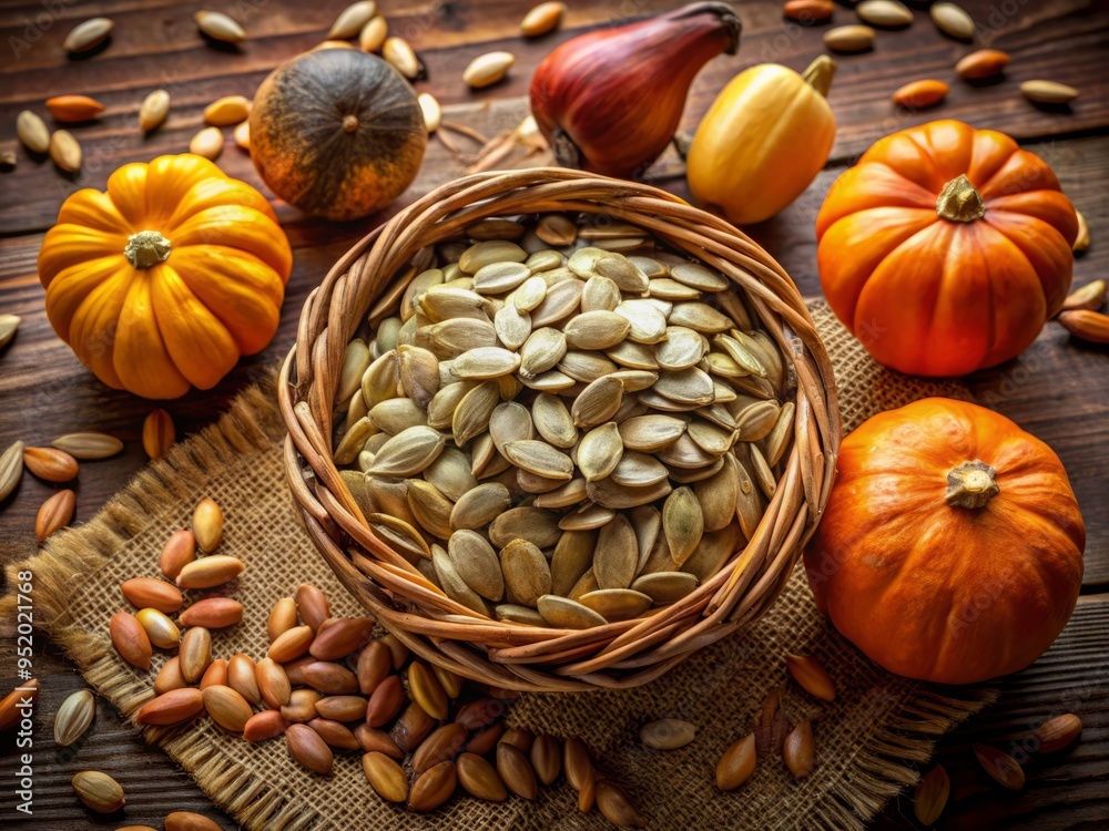 Obraz premium A beautifully styled composition of pumpkin seeds, arranged artfully on a woven basket or plate, with soft, diffused light that highlights their earthy tones and varied textures.