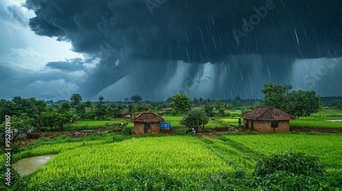 Dramatic Monsoon Rain Over Lush Green Paddy Field in Rural India