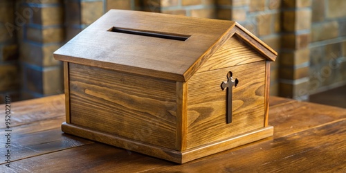A wooden offering box from a church features a sliding metal slot on top for parishioners to deposit donations.