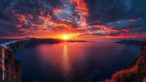Dramatic Sunset Over Aegean Sea With Volcanic Cliffs