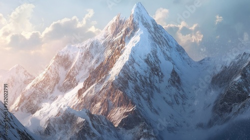 A close-up of a towering mountain peak with sharp ridges and glaciers, showcasing the raw power and beauty of nature in high-altitude environments. photo