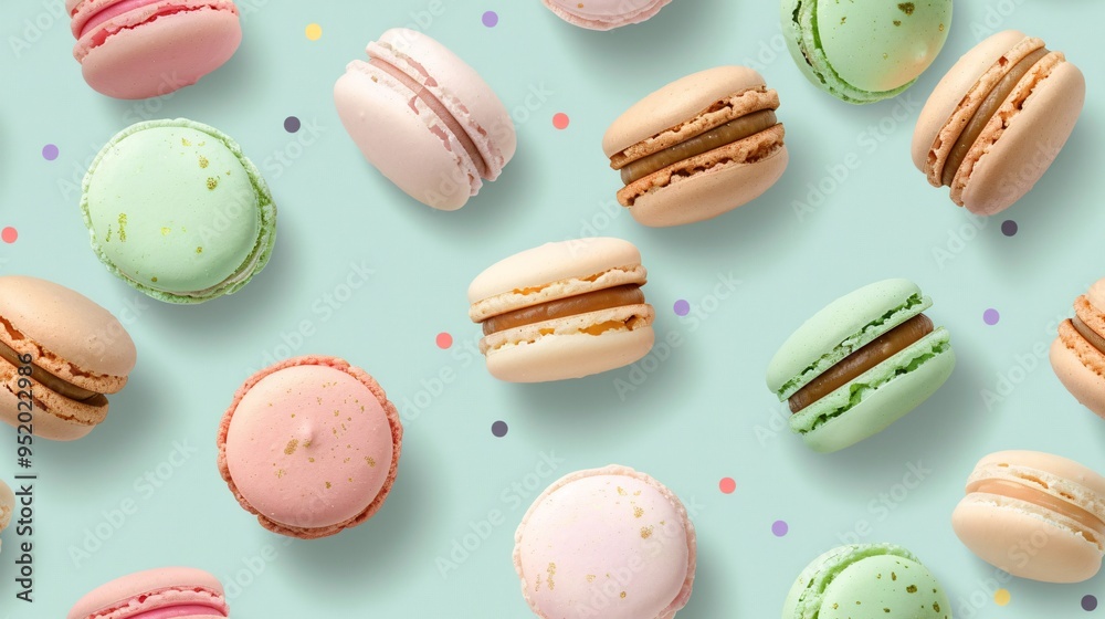 Obraz premium Macaron Dream: A symphony of pastel-hued macarons dance on a teal backdrop, a sweet treat for the eyes and a feast for the soul. 