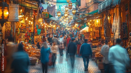 Busy Moroccan Souk Market Street at Dusk with People Shopping and Lanterns