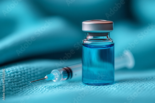 A vial of growth hormone solution with a syringe next to it, isolated on a soft pastel blue background,