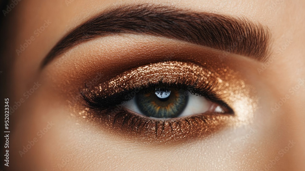 Fototapeta premium A close-up of a woman's eyes with intricate eye makeup, including shimmering eyeshadow, perfectly arched eyebrows, and voluminous lashes, capturing the intensity of her gaze.