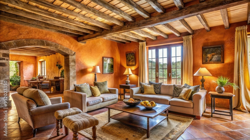 vibrant ochre terracotta walls with rough-hewn wooden beams and rustic distressed finishes in a cozy Mediterranean-inspired villa with natural textiles vibrant ochre terracotta walls with rough-hewn wooden beams and rustic distressed finishes in a cozy Mediterranean-inspired villa with natural textiles