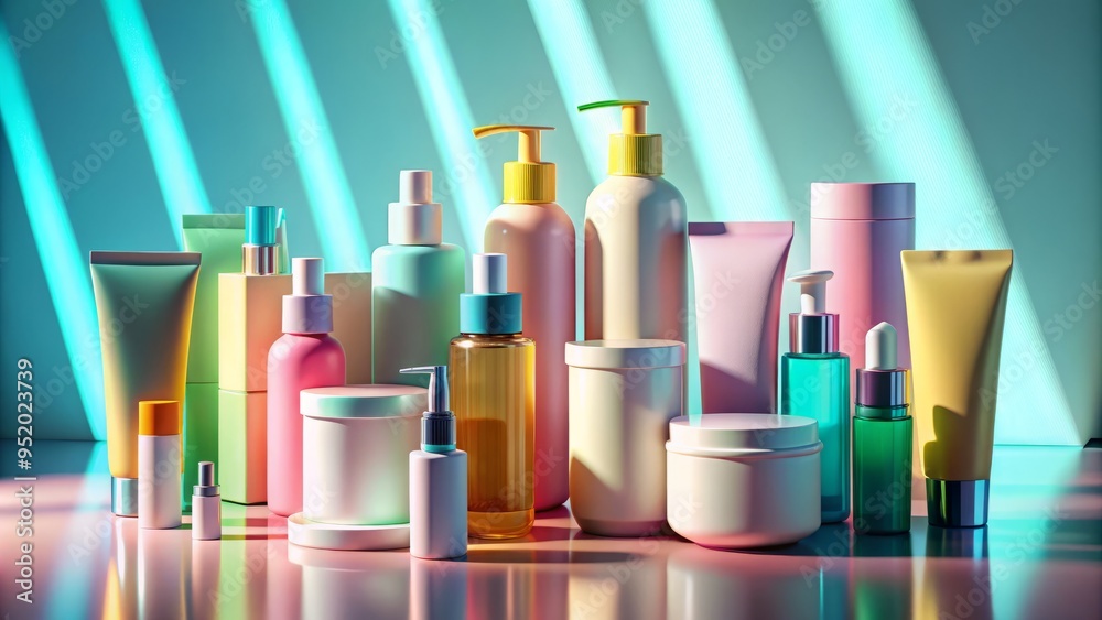 A creative composition of acne wash bottles and tubes arranged on a clean, white background, bold and vibrant colors, sharp focus on the products, and subtle shadows to create a 3D effect. A creative composition of acne wash bottles and tubes arranged on a clean, white background, bold and vibrant colors, sharp focus on the products, and subtle shadows to create a 3D effect.