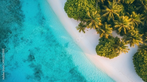 Aerial View of Tropical Beach with Lush Palm Trees