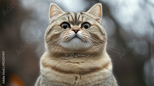 A close-up of an adorably fat cat with a mischievous expression, its round cheeks and small nose adding to its playful and charming appearance.