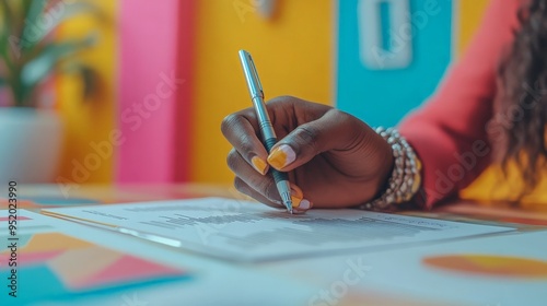 Creative Spark: A close-up of a Black woman's hand gracefully sketching on paper with a stylus, set against a vibrant, colorful background, embodies the essence of artistic flow and innovative thinkin photo