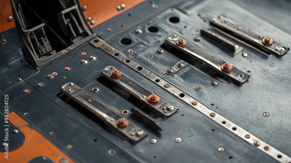 A close-up of an s control surfaces, including the ailerons and flaps, with the mechanisms and hinges visible, showing the complexity of flight control. A close-up of an s control surfaces, including the ailerons and flaps, with the mechanisms and hinges visible, showing the complexity of flight control.