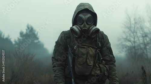 Man in Gas Mask Walking Through a Foggy Forest