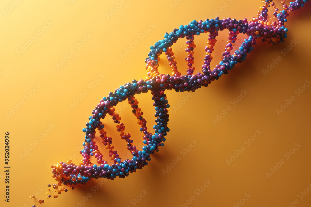 A DNA strand with highlighted segments related to growth hormone production, isolated on a pastel yellow background, A DNA strand with highlighted segments related to growth hormone production, isolated on a pastel yellow background,