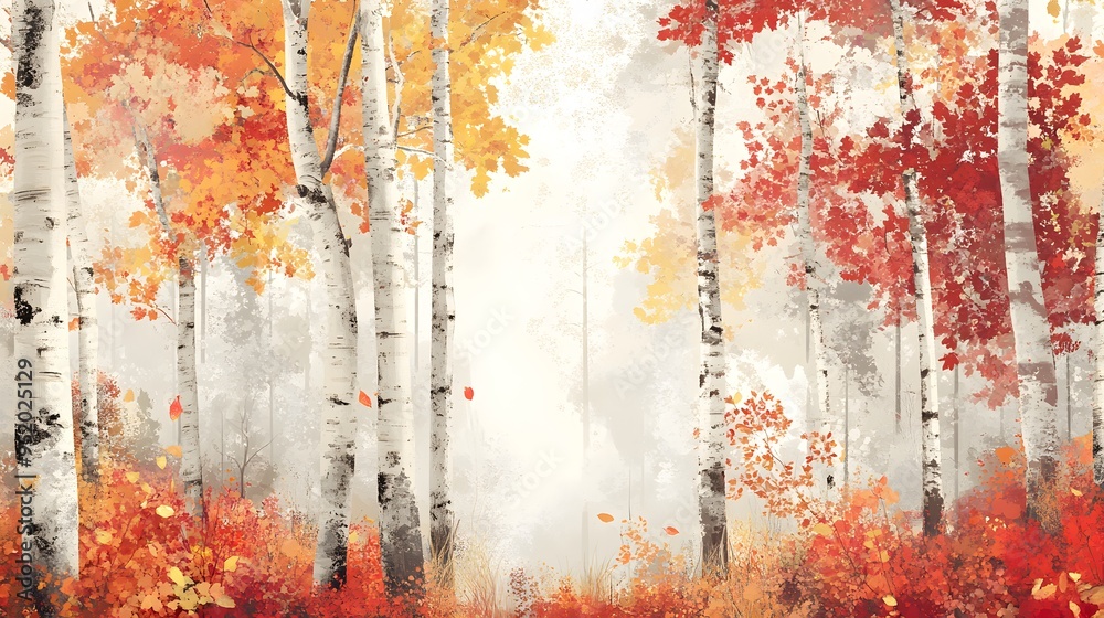 Obraz premium Autumn Birch Forest Watercolor Painting