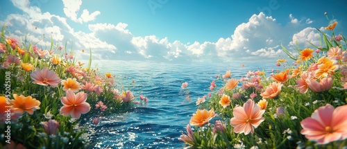 Playful 3D rendered landscape showcasing a sea and flowers on green grass. Fresh multicolors with a cartoonish design and dreamy visuals photo