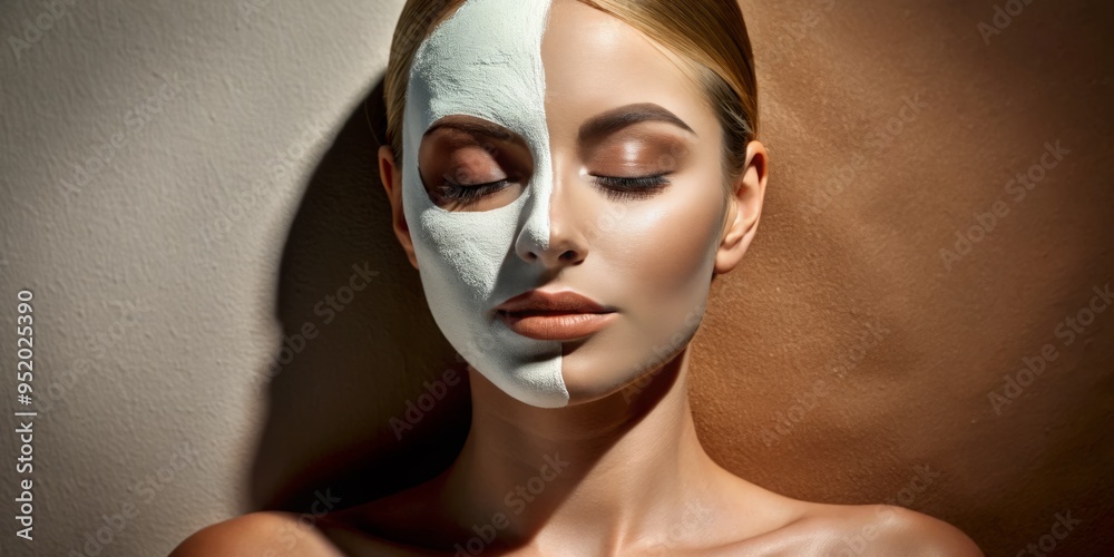 A stylized, overhead shot of a half-applied clay mask on a serene, porcelain-like complexion, with bold, graphic shadows and highlights to create a striking, high-contrast visual. A stylized, overhead shot of a half-applied clay mask on a serene, porcelain-like complexion, with bold, graphic shadows and highlights to create a striking, high-contrast visual.
