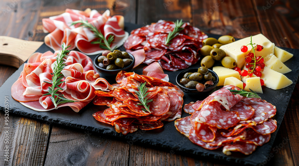 Assortment of deliciousdeli meats on slate platet Assortment of deliciousdeli meats on slate platet