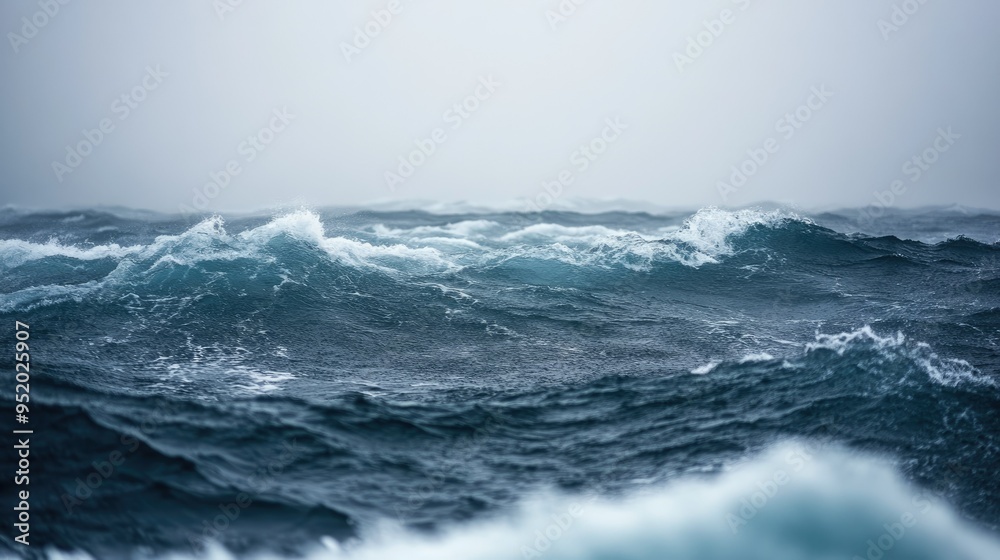 Fototapeta premium A close-up of rain-swept ocean waves with high winds whipping up the surface, highlighting the chaotic and intense conditions of a storm at sea.
