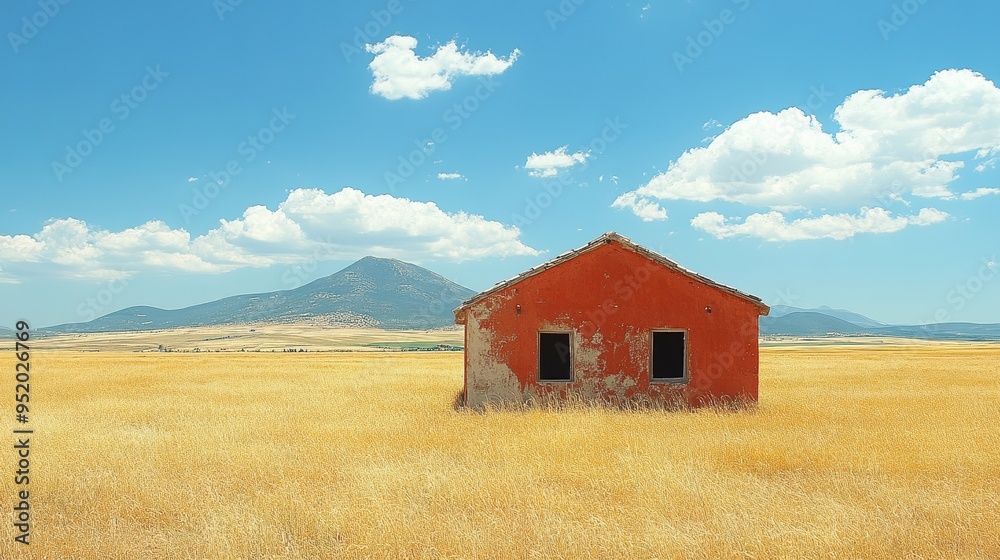 An isolated, rustic red house stands alone in a vast field of golden grass under a bright blue sky with scattered clouds and mountain backdrop An isolated, rustic red house stands alone in a vast field of golden grass under a bright blue sky with scattered clouds and mountain backdrop